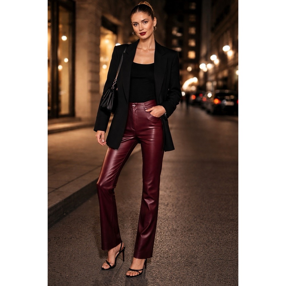 Daze Shy Girl Faux Leather Pants Burgundy Straight Leg Vegan Chic Size 29‎ NWT